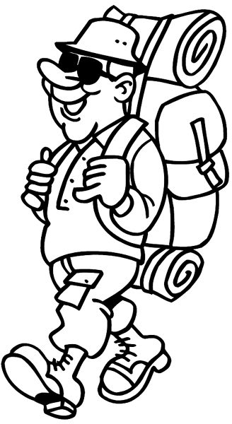 Hiking man with backpack vinyl sticker. Customize on line. Vacations Trips Attractions 051-0312